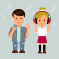 New generation. Boy and girl in headphones. Isolated teens music lovers