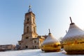 New gilded church domes lie on ground Royalty Free Stock Photo