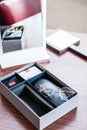 New glasses in present box at optician store Royalty Free Stock Photo