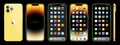 New gold Iphone 15. Apple inc. smartphone with ios 15. Locked screen, phone navigation page, home page with 47 popular apps. Black