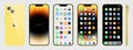 New gold Iphone 14. Apple inc. smartphone with ios 14. Locked screen, phone navigation page, home page with 47 popular apps.