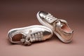 New golden metallic sneakers with white rubber soles on a gradient brown background. One shoe is placed on its side and another -