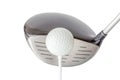The new golf ball on tee with shiny black driver club on white b Royalty Free Stock Photo