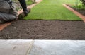 New grass turf being installed in a garden along new brick edging Royalty Free Stock Photo