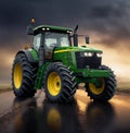 A new green agricultural tractor is in hangar