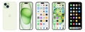 New green Iphone 15. Apple inc. smartphone with ios 15. Locked screen, phone navigation page, home page with 47 popular apps.