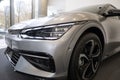 new grey electric crossover Kia EV6 GT in showroom, South Korean automobile company, latest technologies in automotive industry,