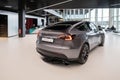 new grey electric tesla model y performance quicksilver rear view, automotive industry, crossover SUV produced by Tesla, EV in