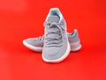 New Grey-light green sneakers isolated on red background. Unisex sports footwear. Royalty Free Stock Photo