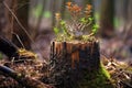 new growth surrounding a burnt tree stump