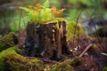 new growth surrounding a burnt tree stump