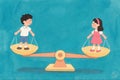 Watercolor illustration of gender inequality concept, hand-drawn balance scale with boy and girl on opposite sides Royalty Free Stock Photo