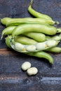 New harvest of healthy vegetables, green fresh raw big broad beans close up Royalty Free Stock Photo