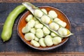 New harvest of healthy vegetables, green fresh raw big broad beans close up Royalty Free Stock Photo