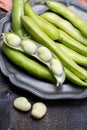 New harvest of healthy vegetables, green fresh raw big broad beans close up Royalty Free Stock Photo