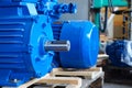 New electric motors of blue color of high power are in stock and ready for use.