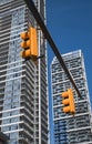 New high-rise apartments buildings in a city. Modern high rise residential apartments and traffic lights Royalty Free Stock Photo