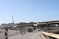 New highway under construction. A new bridge freeway made of concrete and metal to pass traffic from big city Royalty Free Stock Photo