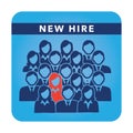 New Hire Button Portraying Different People with Men and Women in Suits and One Person Standing Out as the Person who got Hired