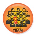 New Hire Button Portraying Different People with Men and Women in Suits and One Person Standing Out as the Person who got Hired