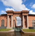 New Holland Arch on territory of Admiralty Island - modern recreation park in historical center of town of Saint Petersburg,