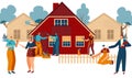 New home building and moving, real estate agent, happy couple with key and workers painting new cottage cartoon vector