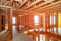 New home construction with wooden house frame Royalty Free Stock Photo