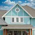 New Designer Home House Blue Exterior Roof Peak Details Cloudy Cumulus Sky Background Royalty Free Stock Photo