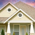 New Home House Yellow Exterior Roof Peak Details Puffy Cloudy Sky Background Royalty Free Stock Photo