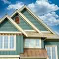 New Home House Green Siding Exterior Roof Peak Details Cloudy Sky Background Royalty Free Stock Photo
