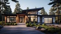 a new home with a low-pitch roof, siding, and a beautifully designed garage door. The house exudes a sense of modern