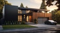 a new home with a low-pitch roof, siding, and a beautifully designed garage door. The house exudes a sense of modern