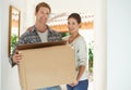 New home, portrait or happy couple with box for moving or excited for investment in real estate. Man, woman and proud Royalty Free Stock Photo