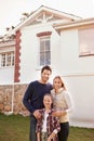 New home, portrait and happy family smile for house, real estate building and property purchase, investment sale and Royalty Free Stock Photo