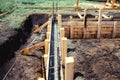 New house, building construction site, cement in foundation and reinforcement of steel bars Royalty Free Stock Photo