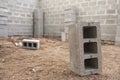 New house construction, building foundation walls using concrete blocks, copy space Royalty Free Stock Photo
