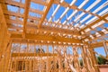 New house construction with wooden beams the ceiling and wall Royalty Free Stock Photo