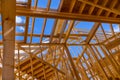 New house construction with wooden beams the ceiling and wall Royalty Free Stock Photo