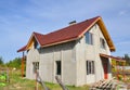 New House Roof Covered with Bitumen Tiles. Asphalt Shingles Roofing Advantages. Roofing Construction and Building House with Facad