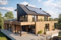 new house with solar panels on the roof and view of sprawling city skyline