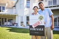 New house, sold sign or happy couple portrait with dream home choice, real estate and property purchase, sale or Royalty Free Stock Photo