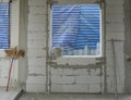 New house window structure use lightweight cement brick and white lintel plaster to joint for reinforce in site Royalty Free Stock Photo