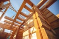 New house wooden log construction interior with exposed framing roof with sun light Royalty Free Stock Photo