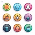 Food and drink icons set. Colorful round buttons with thin outline Royalty Free Stock Photo