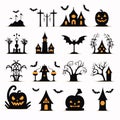 Halloween icons set. Silhouettes of pumpkins, trees, ghosts, bats, castle, lanterns. Vector illustration Royalty Free Stock Photo