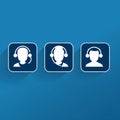 Set of call center icons with long shadow on blue background,clean vector Royalty Free Stock Photo