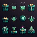 Set of Christmas and New Year icons with gift boxes, pine cones, fir tree branches, snowflakes. Vector illustration Royalty Free Stock Photo