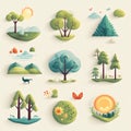 Set of nature icons in flat style. Trees, sun, clouds, birds, butterflies and other elements Royalty Free Stock Photo