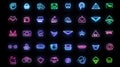 Set of neon icons on a black background, vector graphics, a linear pattern