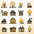 Set of vector icons - home, tree, sun, wind, house, tree Royalty Free Stock Photo